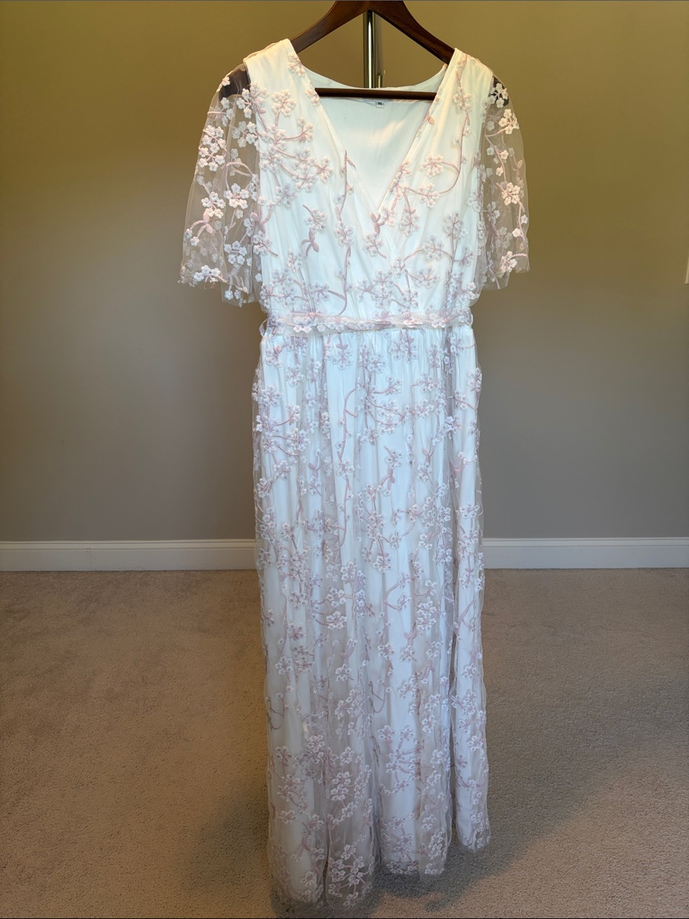 Baltic Born White Maxi Dress with Pink Floral Embroidery